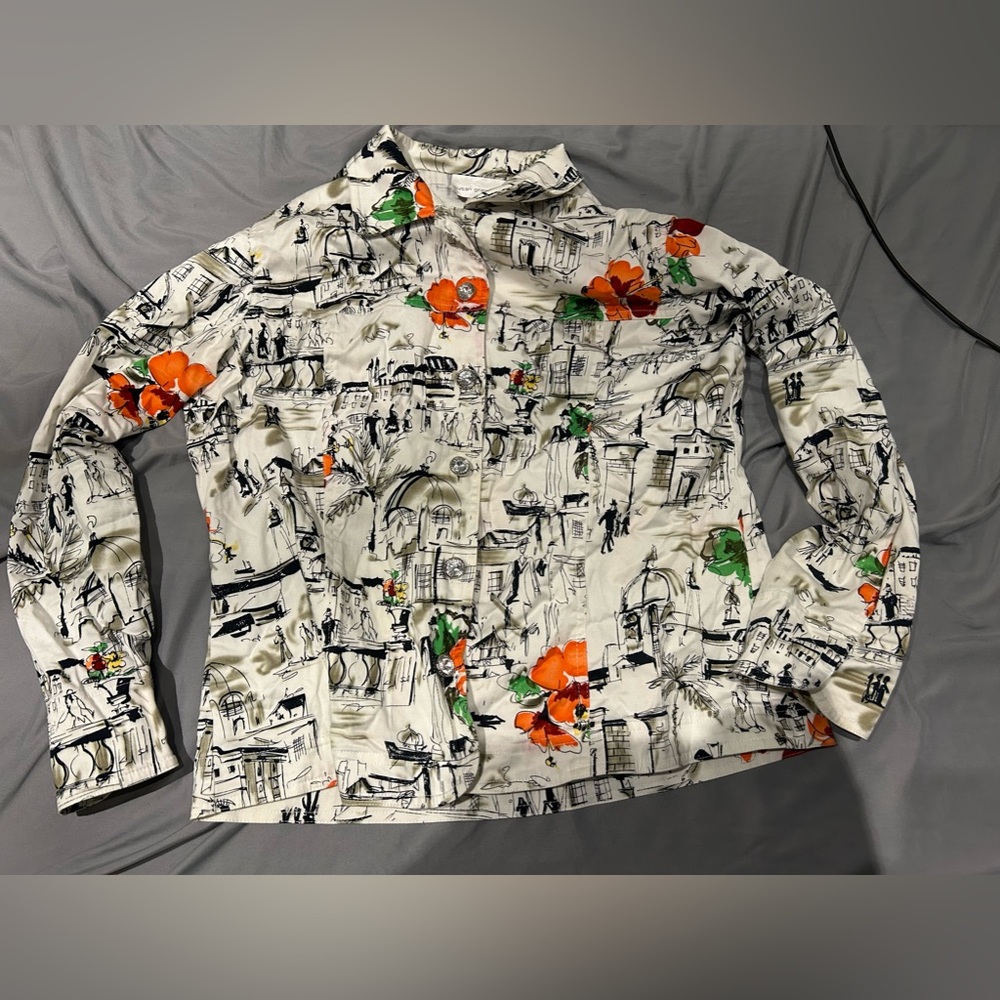 Susan Graver Style Women’s Blouse button-down with travel sketch & floral design